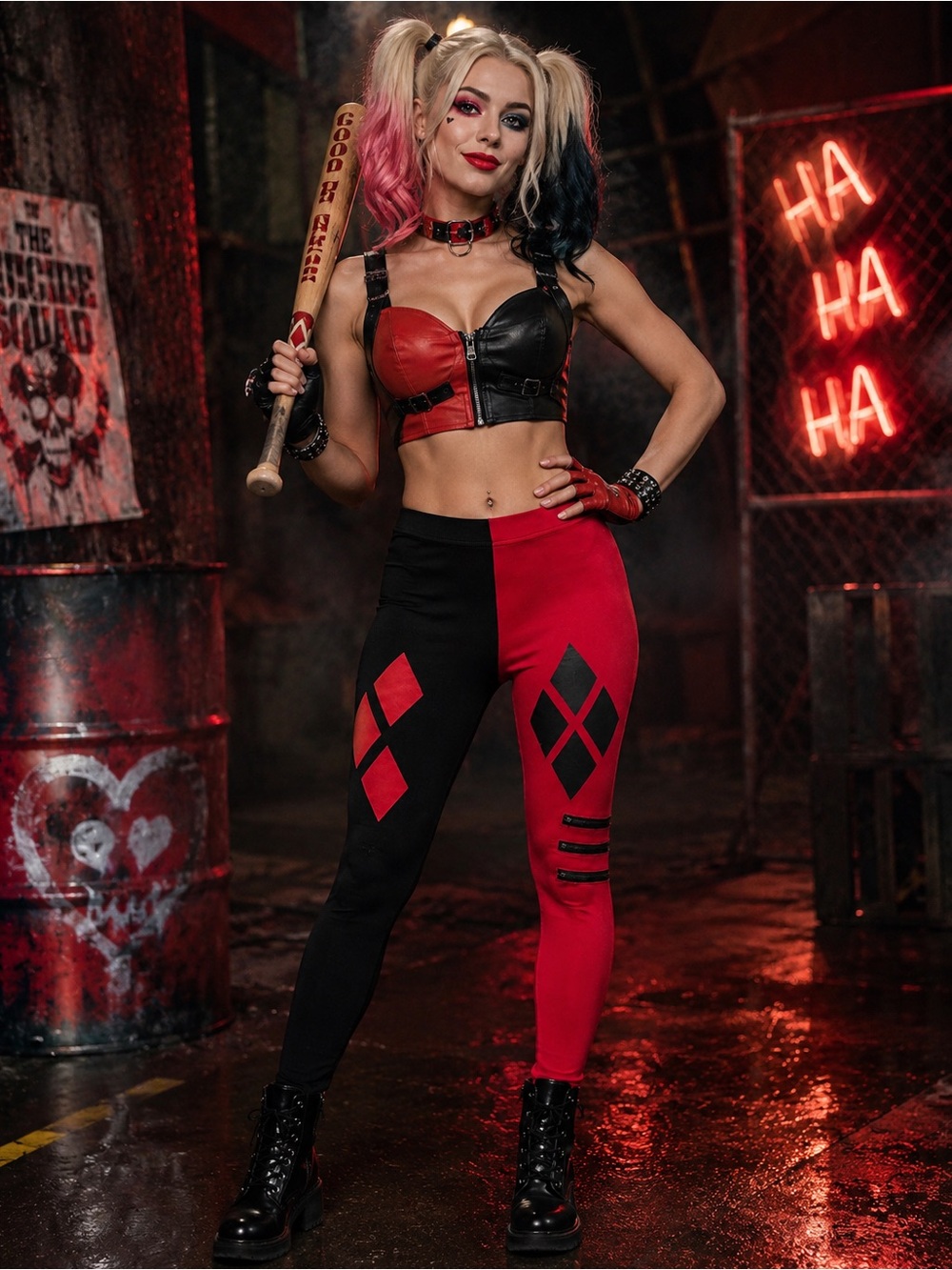 DC Suicide Squad Harley Quinn Red Black Leggings S/M